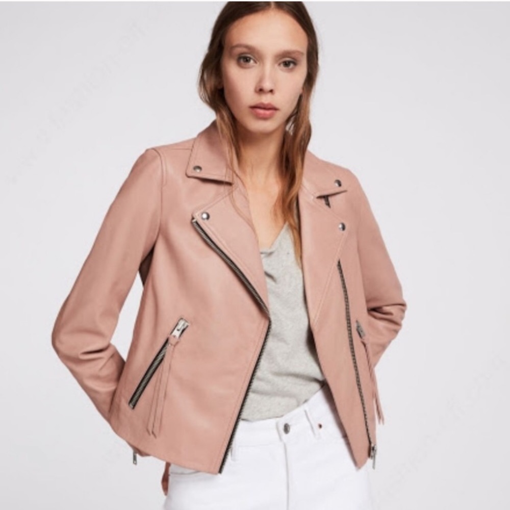 AllSaints Dusty Pink Leather Biker Jacket